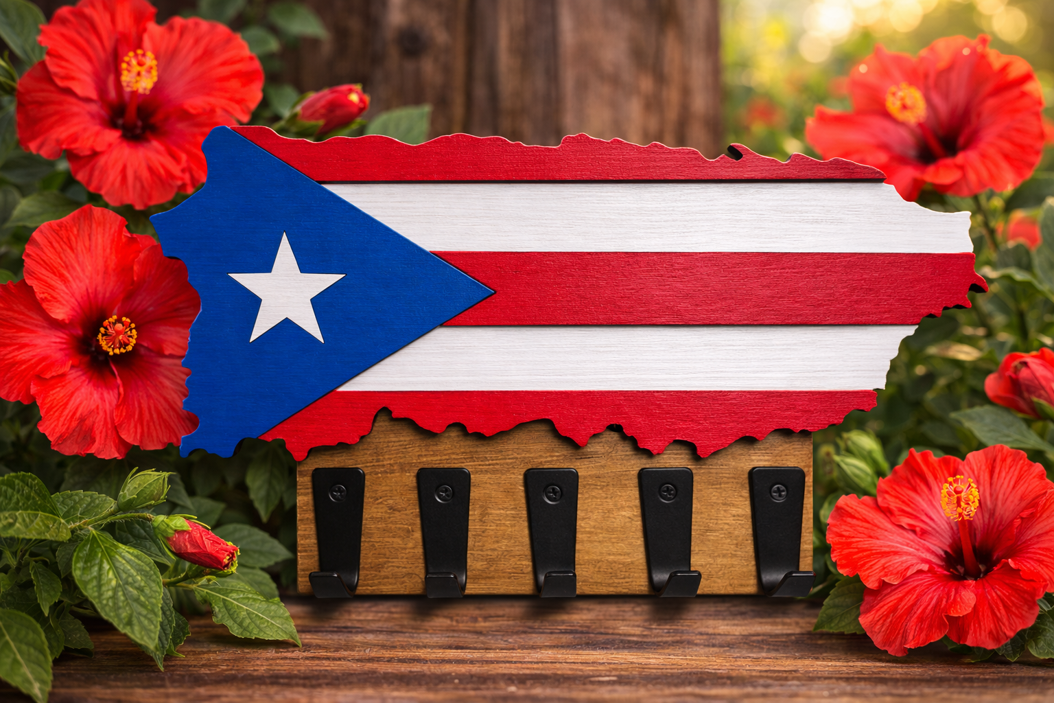Puerto Rico Wooden Key Holder – Puerto Rican Flag Wall Key Rack | Boricua Home Decor | Entryway Key Organizer