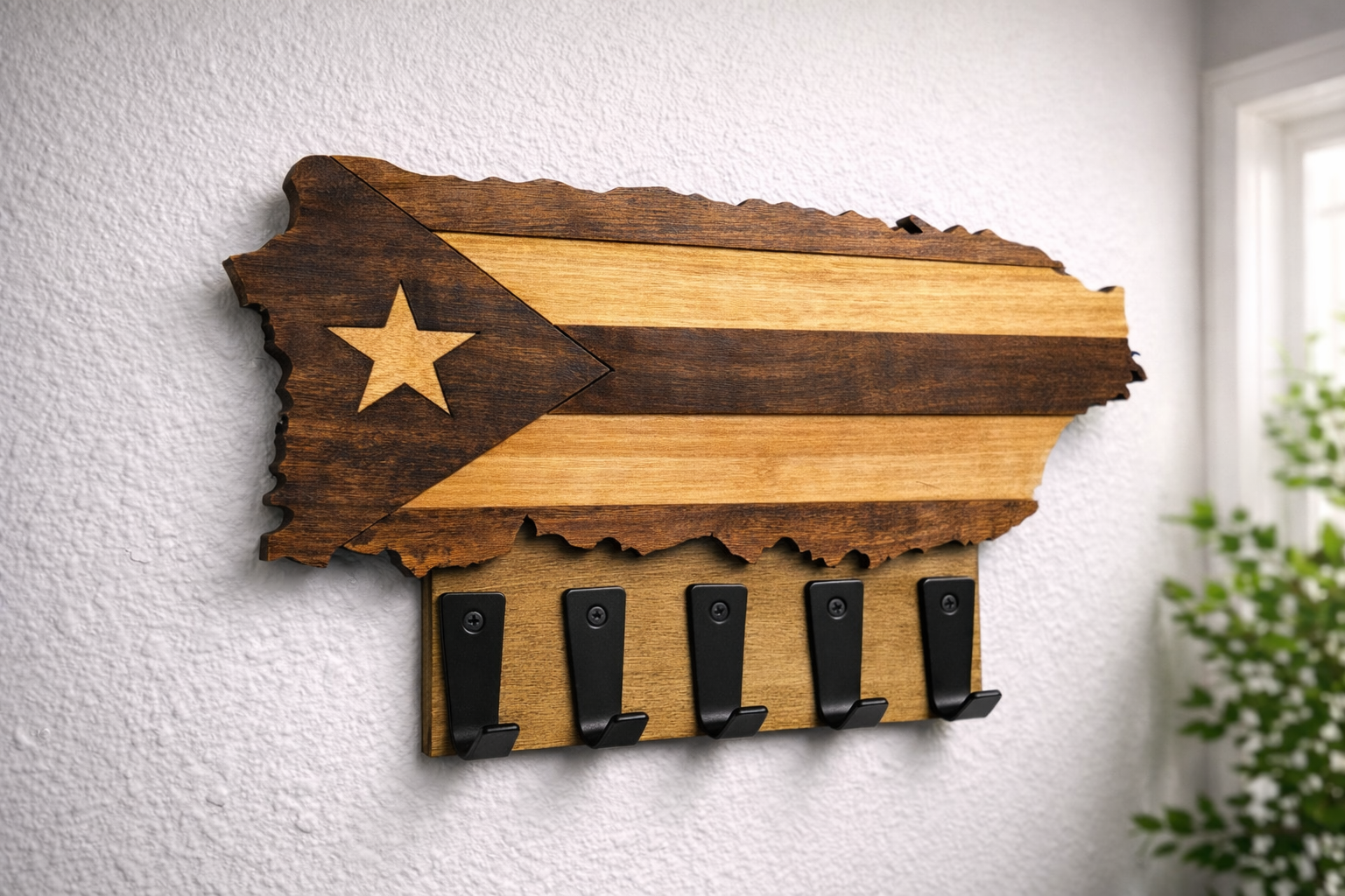 Puerto Rico Wooden Key Holder – Puerto Rican Flag Wall Key Rack | Boricua Home Decor | Entryway Key Organizer