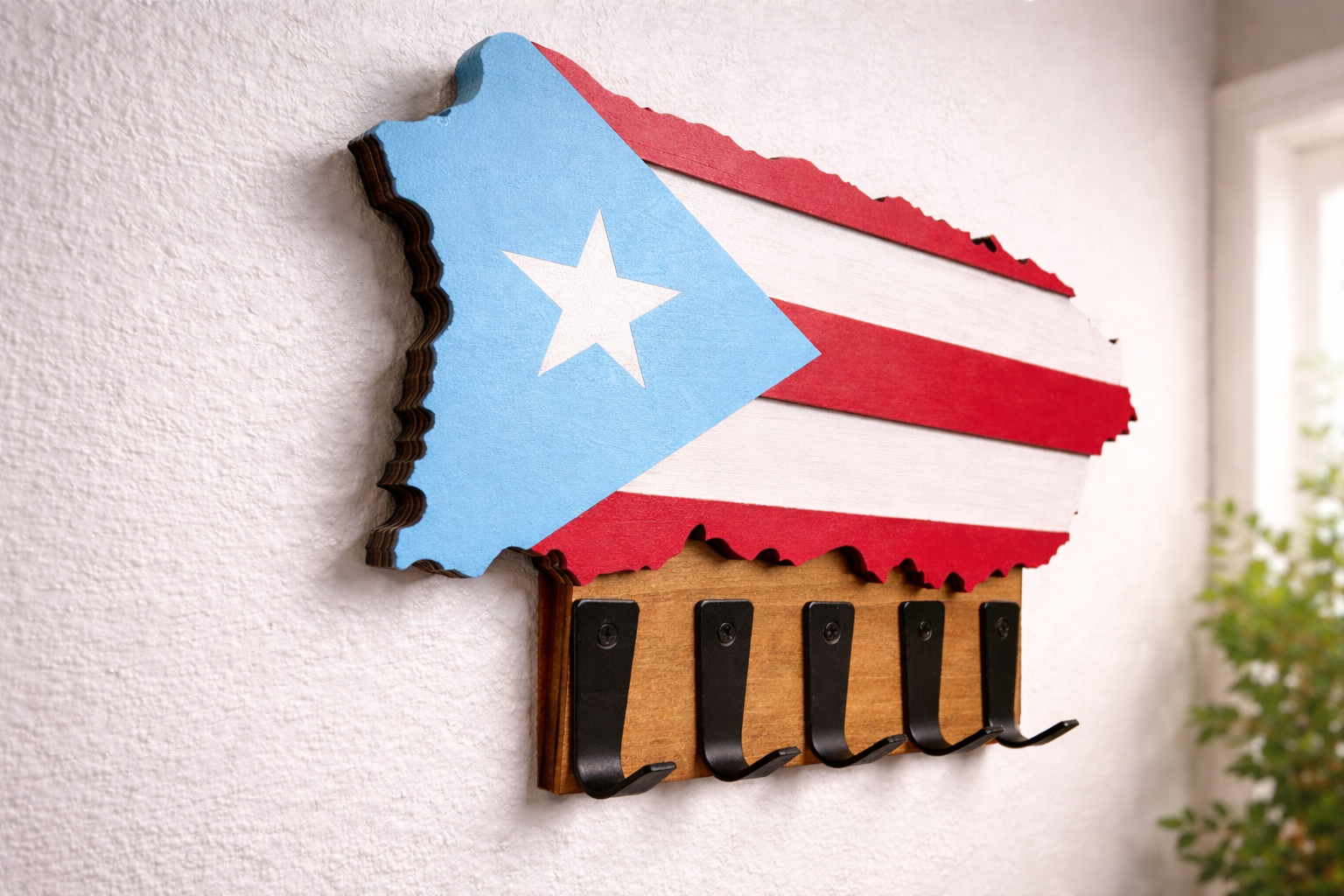Puerto Rico Wooden Key Holder – Puerto Rican Flag Wall Key Rack | Boricua Home Decor | Entryway Key Organizer